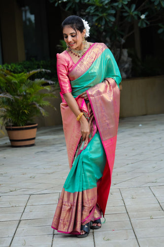Breathtaking Sea Green Kanjivaram Silk Saree With Scintilla Blouse Piece Policona-Kanjivaram Silk