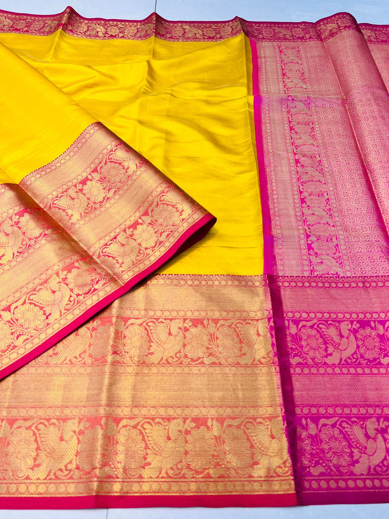 Captivating Yellow Kanjivaram Silk Saree With Fugacious Blouse Piece Policona-Kanjivaram Silk