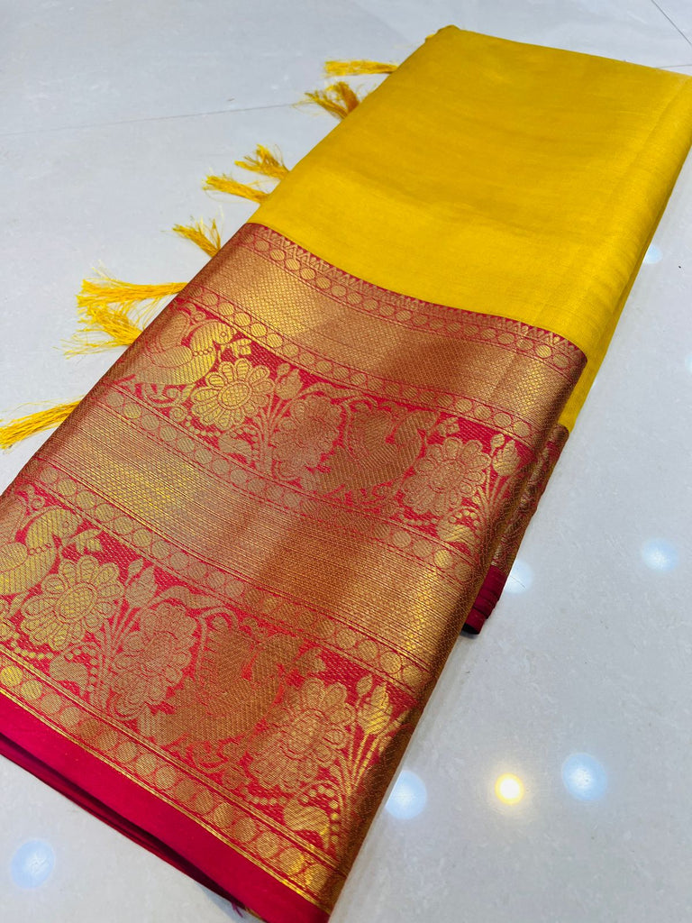 Captivating Yellow Kanjivaram Silk Saree With Fugacious Blouse Piece Policona-Kanjivaram Silk