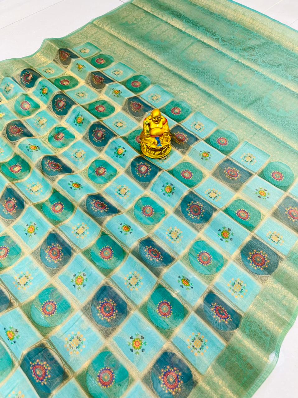 Engrossing Turquoise Soft Patola Silk Saree with Blissful Blouse Piece Policona-Banarasi Silk Main image