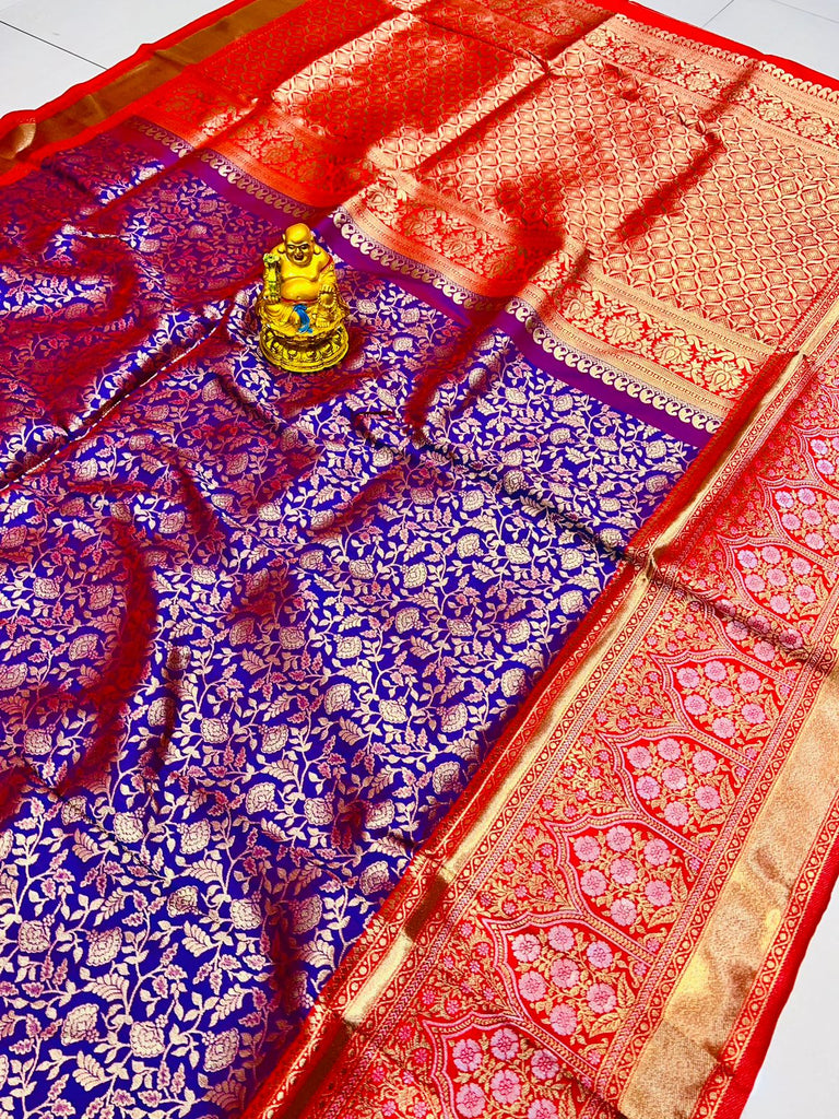 Groovy Royal Blue Kanjivaram Silk Saree With Ephemeral Blouse Piece Policona-Kanjivaram Silk