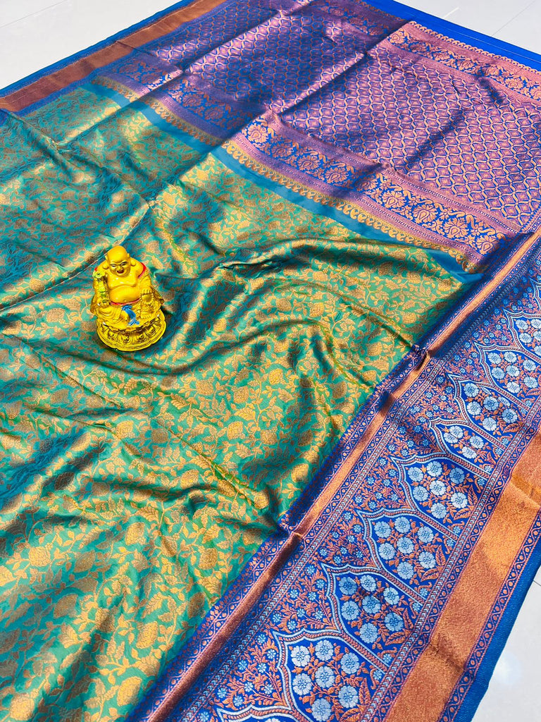 Girlish Sea Green Kanjivaram Silk Saree With Scintilla Blouse Piece Policona-Kanjivaram Silk