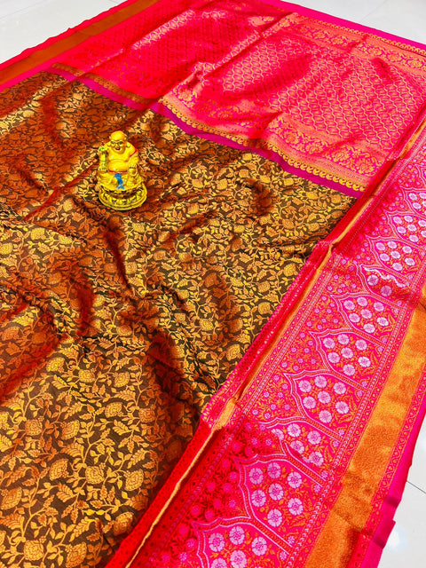 Capricious Brown Kanjivaram Silk Saree With Felicitous Blouse Piece Policona-Kanjivaram Silk Main image