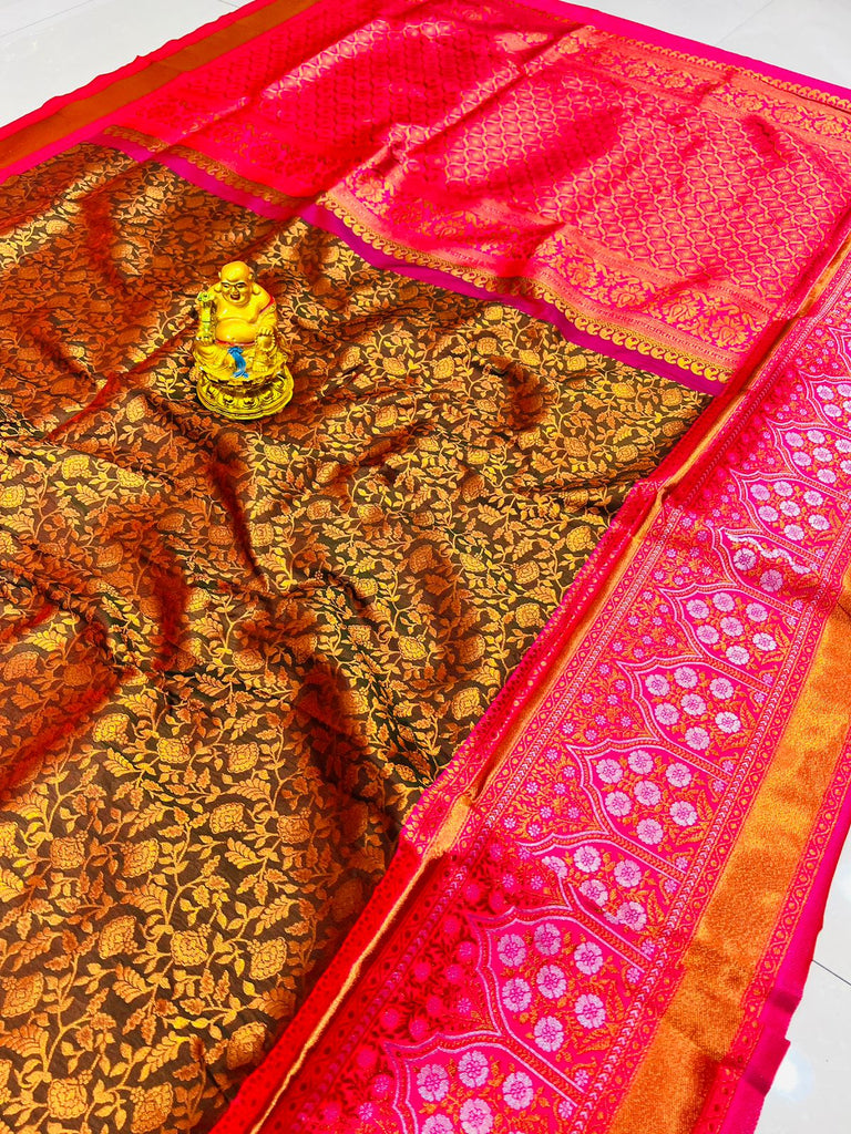 Capricious Brown Kanjivaram Silk Saree With Felicitous Blouse Piece Policona-Kanjivaram Silk