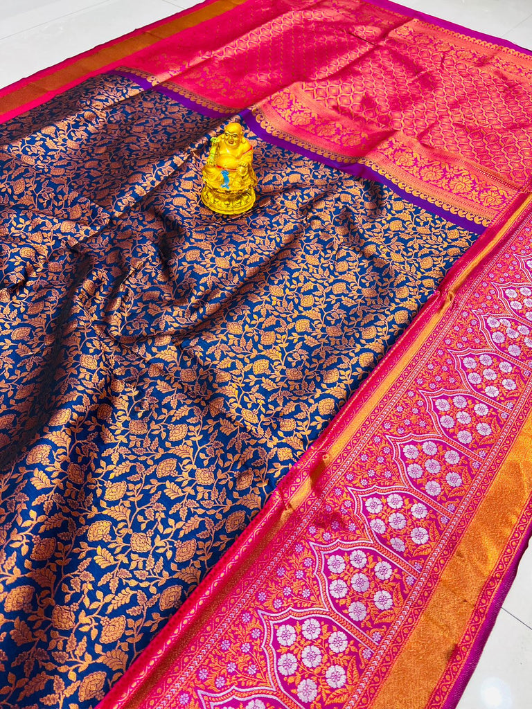 Lovely Navy Blue Kanjivaram Silk Saree With Fragrant Blouse Piece Policona-Kanjivaram Silk