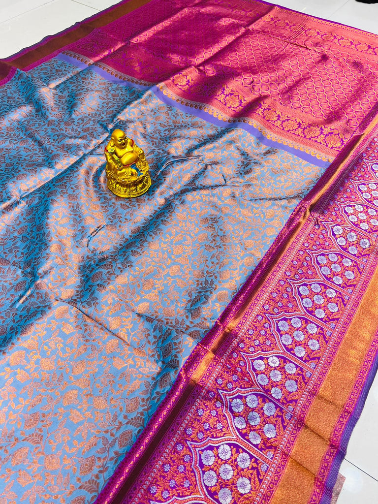 Gleaming Sky Kanjivaram Silk Saree With Gratifying Blouse Piece Policona-Kanjivaram Silk
