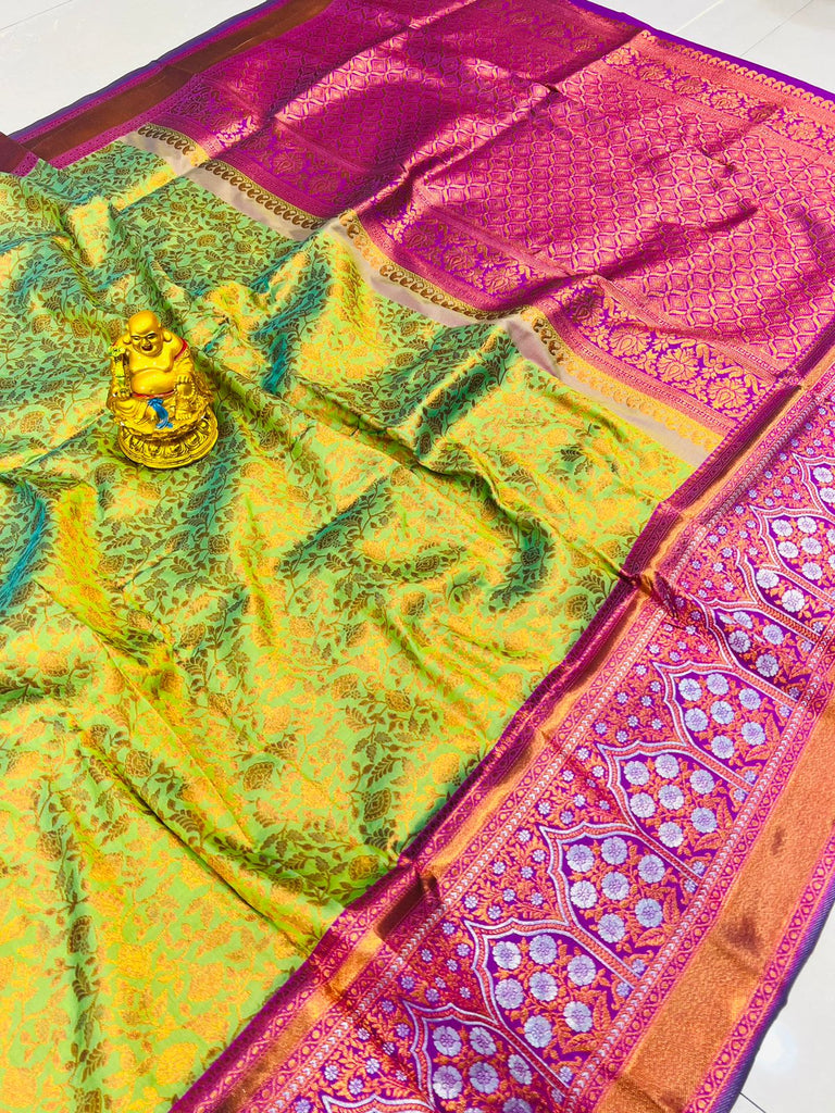 Pretty Perrot Kanjivaram Silk Saree With Mellifluous Blouse Piece Policona-Kanjivaram Silk