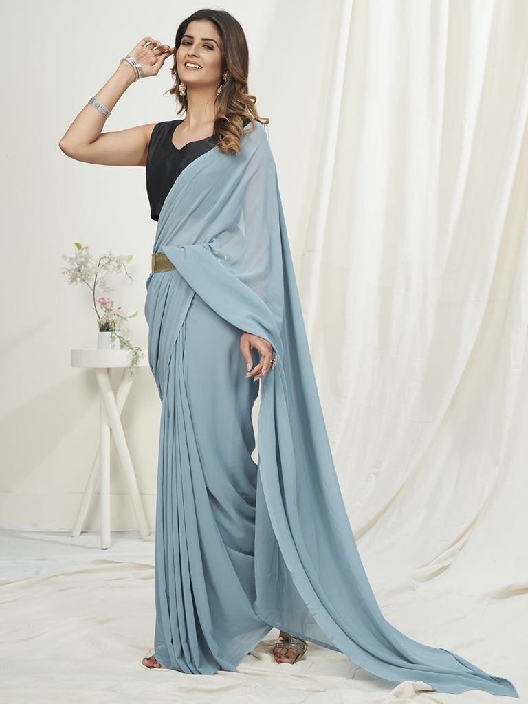 Powder Blue Ready to Wear One Minute Saree In Satin Silk Secondary image