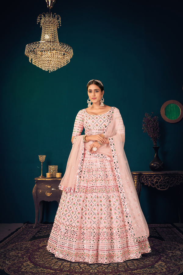 Powder Pink Multi-Thread With Gota Patti Embroidered Georgette Semi Stitched Lehenga ClothsVilla