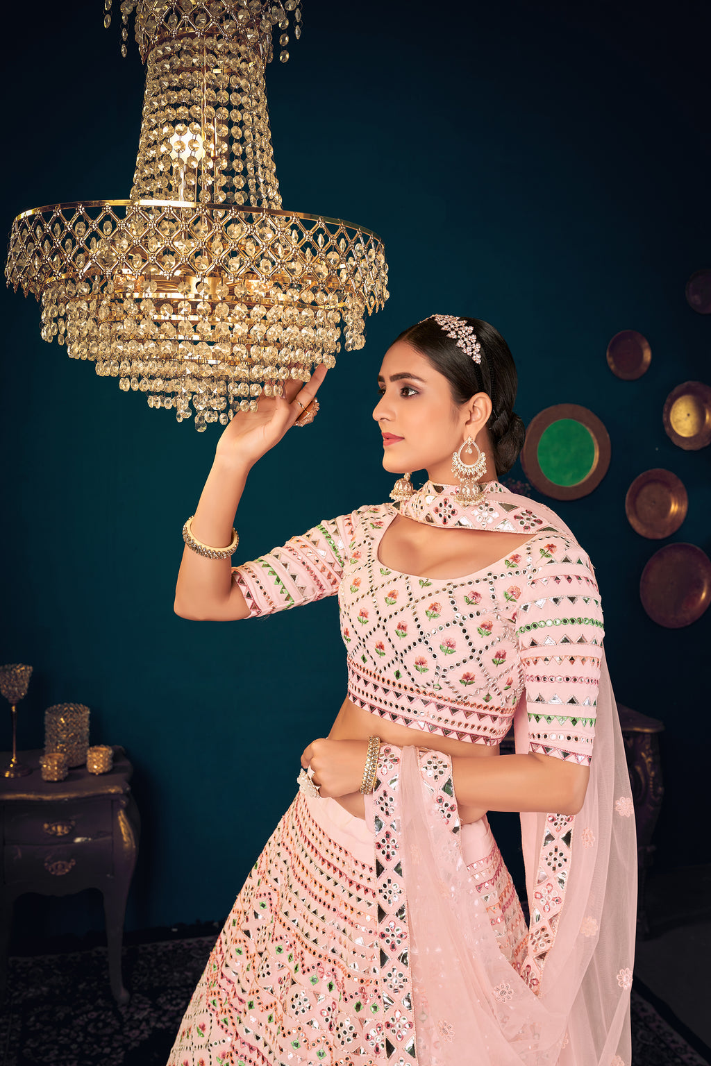 Powder Pink Multi-Thread With Gota Patti Embroidered Georgette Semi Stitched Lehenga ClothsVilla