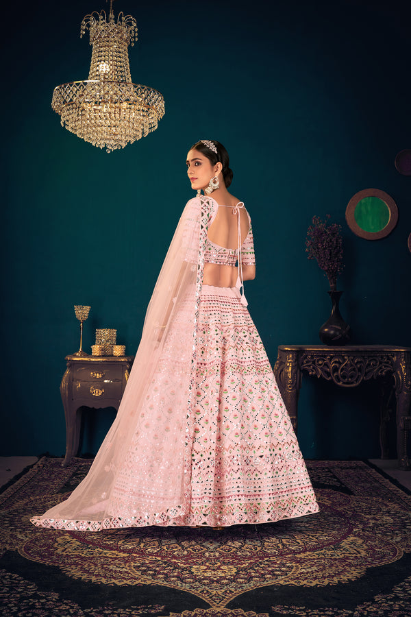 Powder Pink Multi-Thread With Gota Patti Embroidered Georgette Semi Stitched Lehenga ClothsVilla