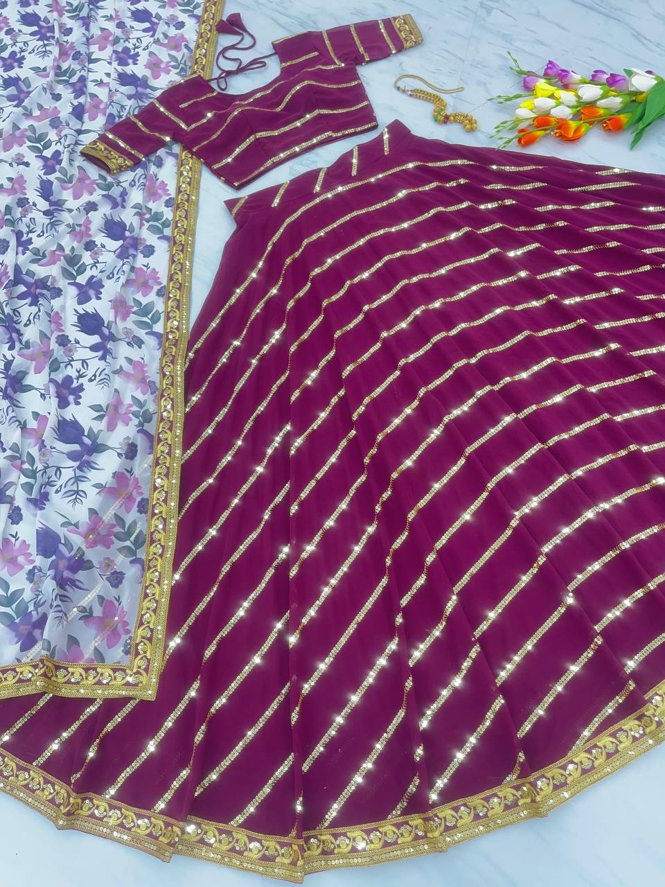 Precious Embroidery Sequence Work Wine Color Lehenga Choli Clothsvilla