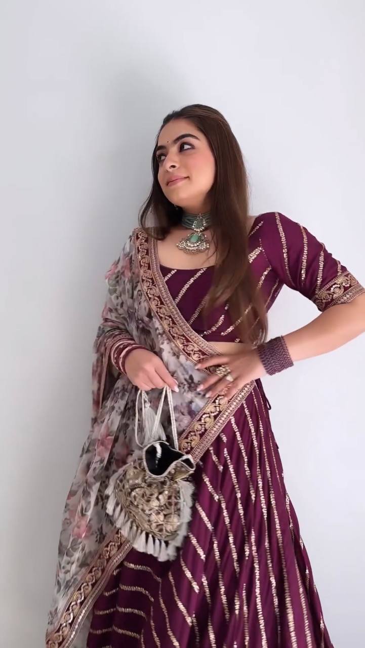Precious Embroidery Sequence Work Wine Color Lehenga Choli Clothsvilla
