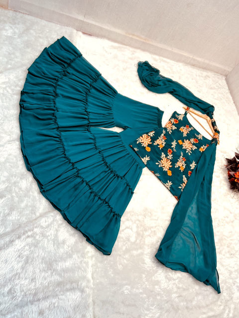 Precious Teal Blue Color Embroidery Work Sharara Suit Clothsvilla Main image