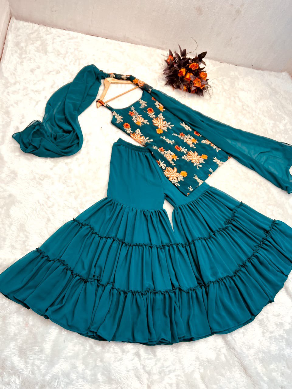 Precious Teal Blue Color Embroidery Work Sharara Suit Clothsvilla