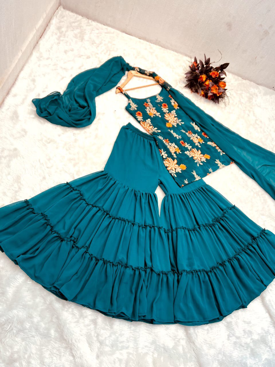 Precious Teal Blue Color Embroidery Work Sharara Suit Clothsvilla