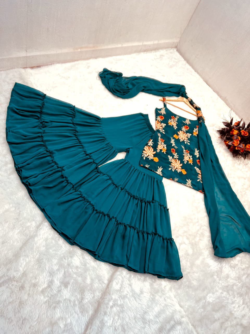 Precious Teal Blue Color Embroidery Work Sharara Suit Clothsvilla