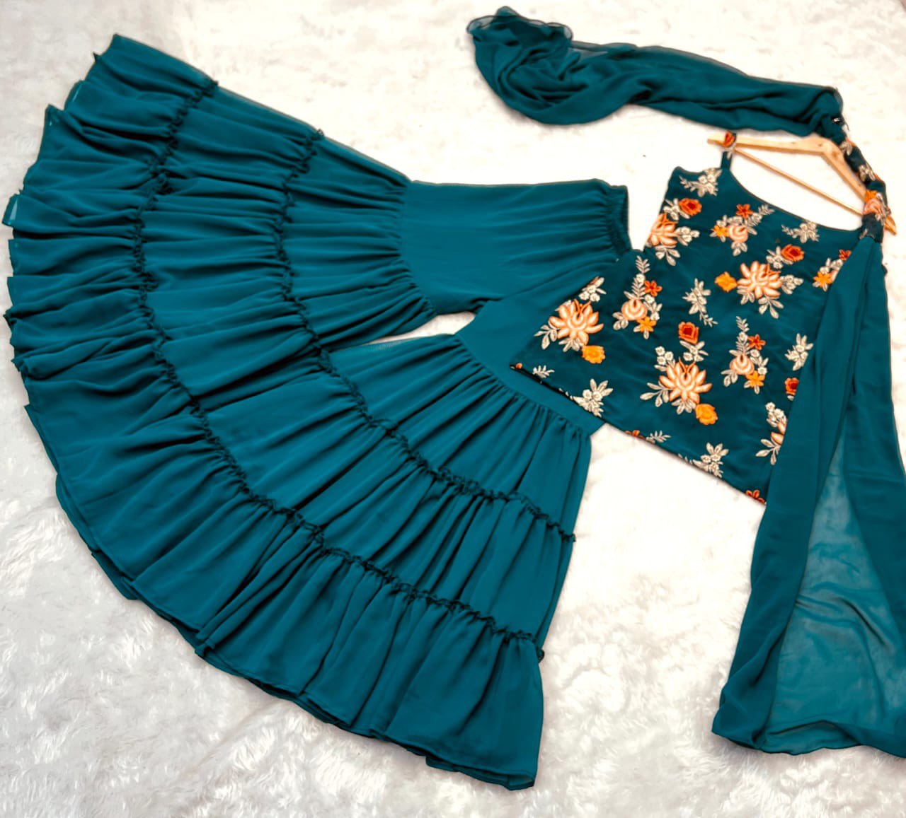 Precious Teal Blue Color Embroidery Work Sharara Suit Clothsvilla