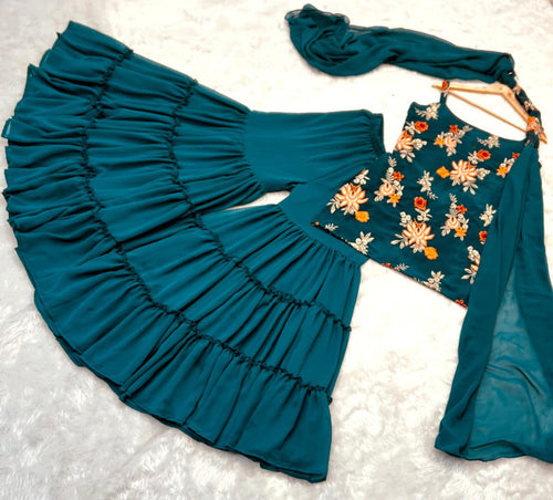 Precious Teal Blue Color Embroidery Work Sharara Suit Clothsvilla