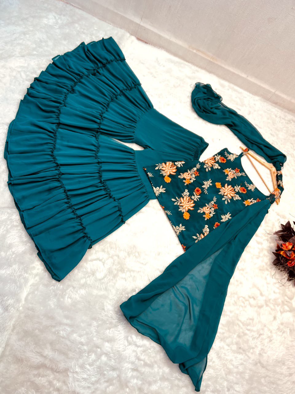 Precious Teal Blue Color Embroidery Work Sharara Suit Clothsvilla