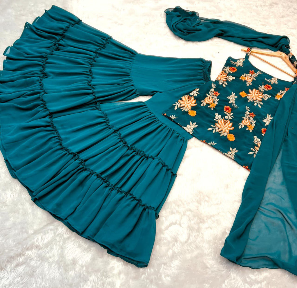 Precious Teal Blue Color Embroidery Work Sharara Suit Clothsvilla
