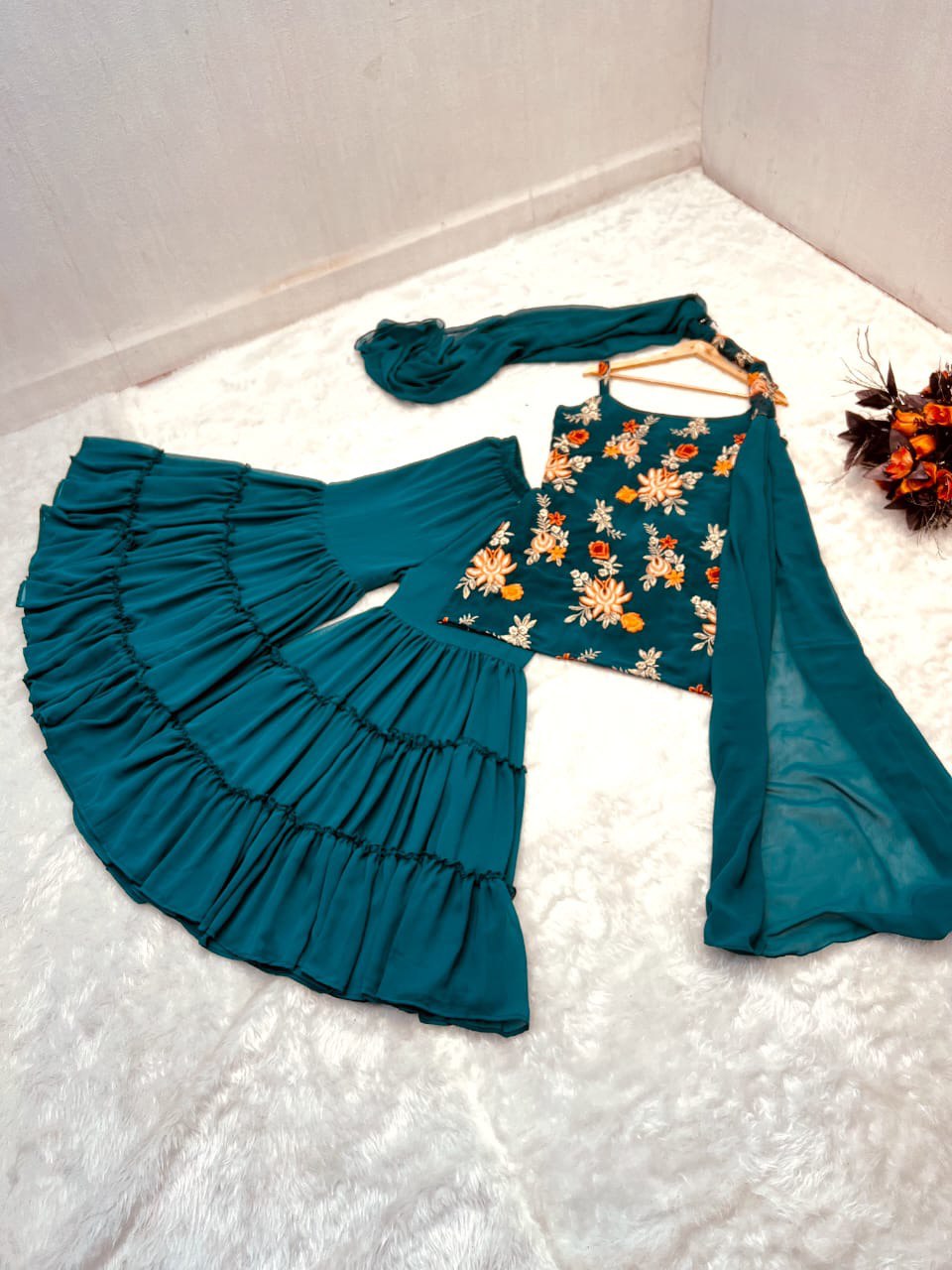 Precious Teal Blue Color Embroidery Work Sharara Suit Clothsvilla
