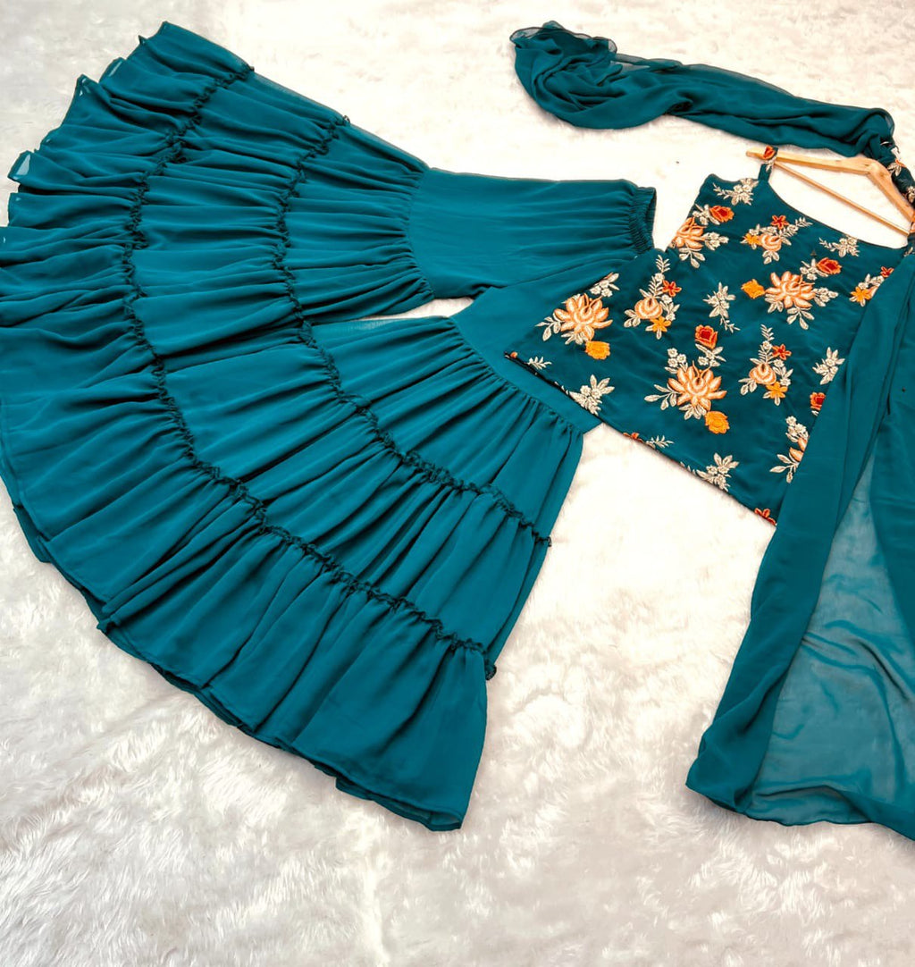 Precious Teal Blue Color Embroidery Work Sharara Suit Clothsvilla