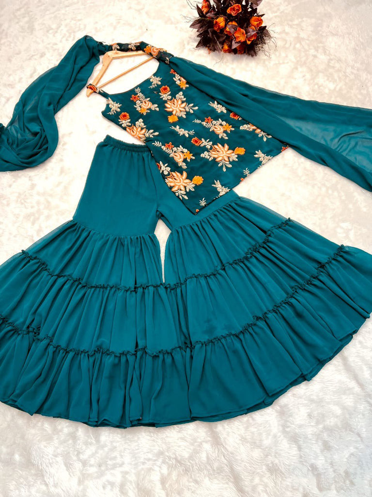 Precious Teal Blue Color Embroidery Work Sharara Suit Clothsvilla