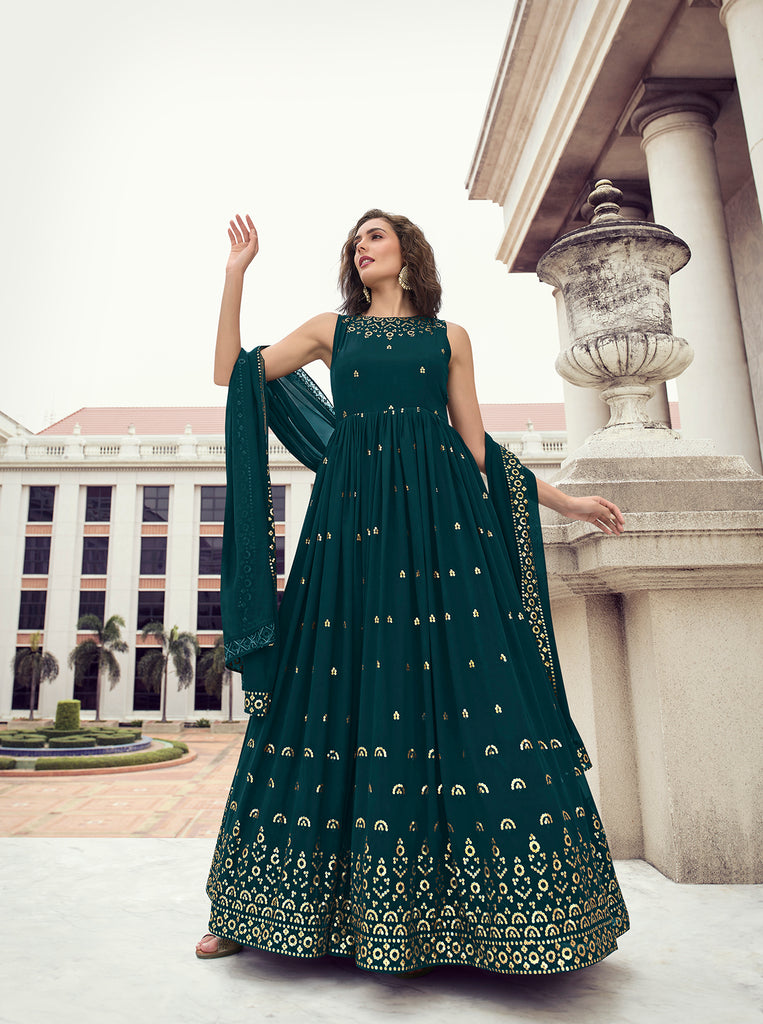 Dark Teal Blue Embellished Gown | Indian gown design, Designer party wear  dresses, Embellished gown