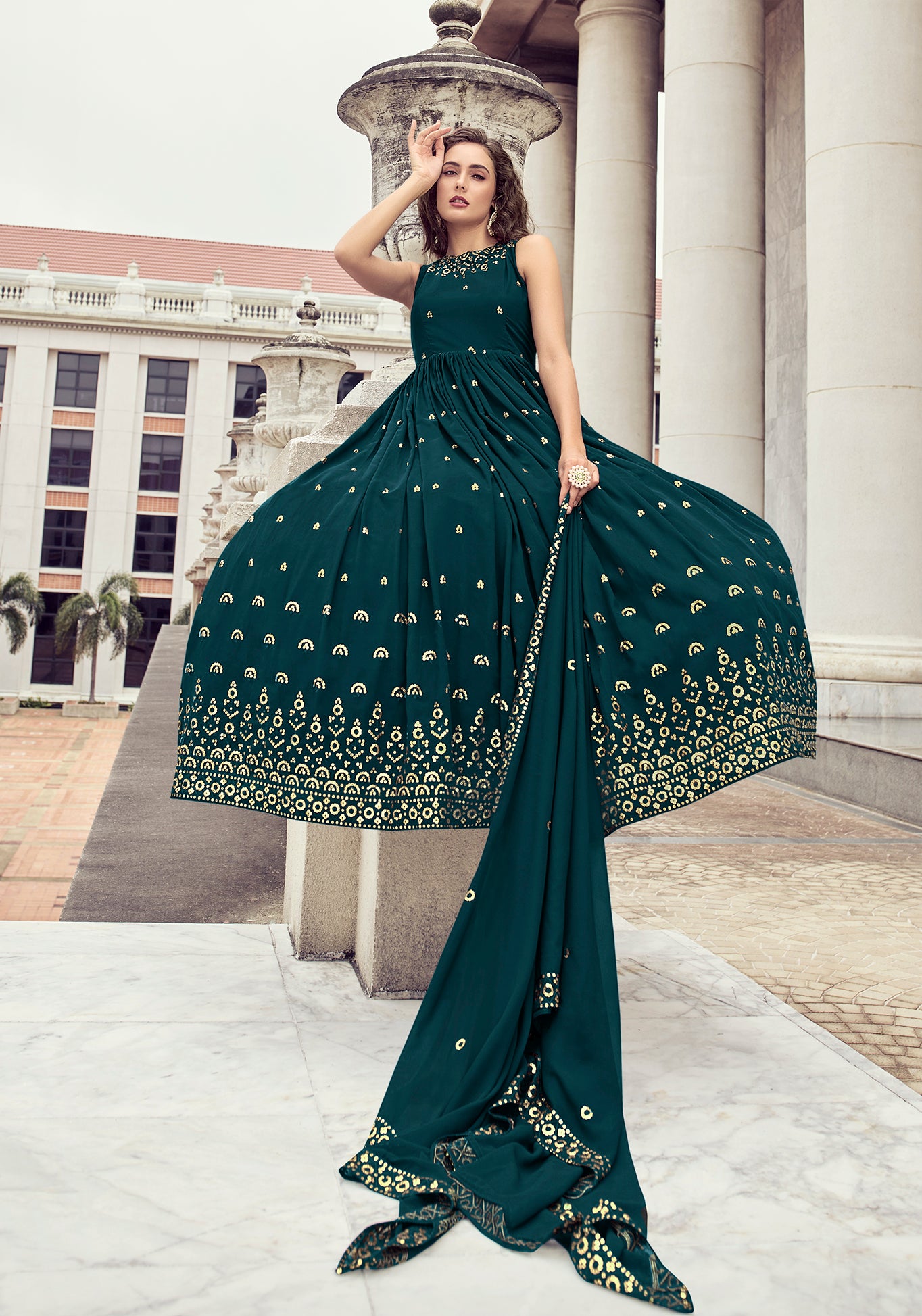 Precious Teal Blue Color Thread Sequence Work Gown Clothsvilla