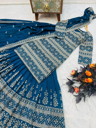 Preferable Teal Blue Color Sequence Embroidered Lehenga With Top Clothsvilla