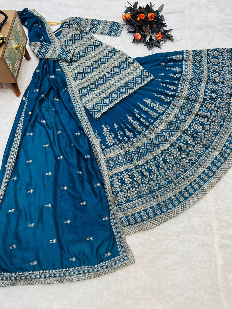 Preferable Teal Blue Color Sequence Embroidered Lehenga With Top Clothsvilla