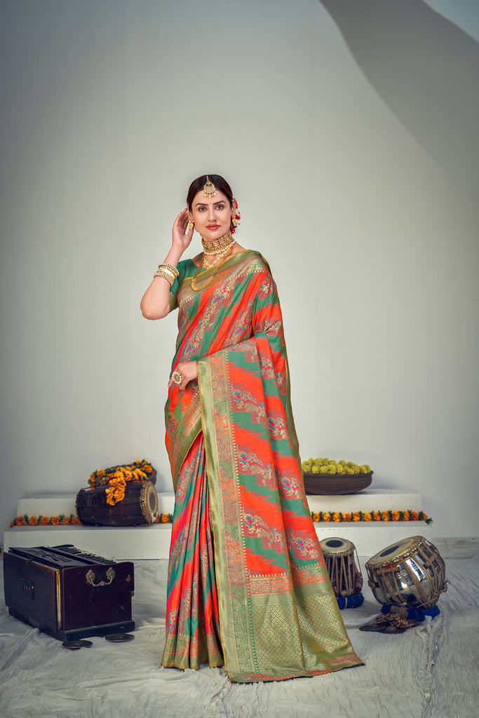 Prepossessing Orange And Green Zari Woven Banarasi Silk Wedding Saree ClothsVilla