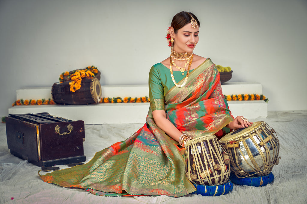 Prepossessing Orange And Green Zari Woven Banarasi Silk Wedding Saree ClothsVilla