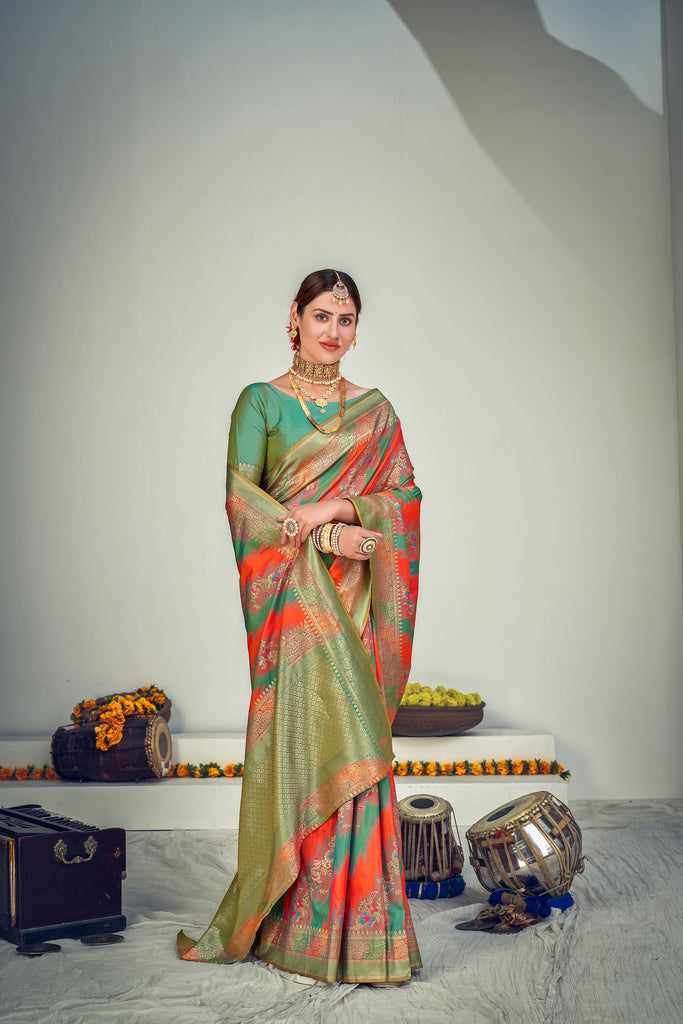 Prepossessing Orange And Green Zari Woven Banarasi Silk Wedding Saree ClothsVilla