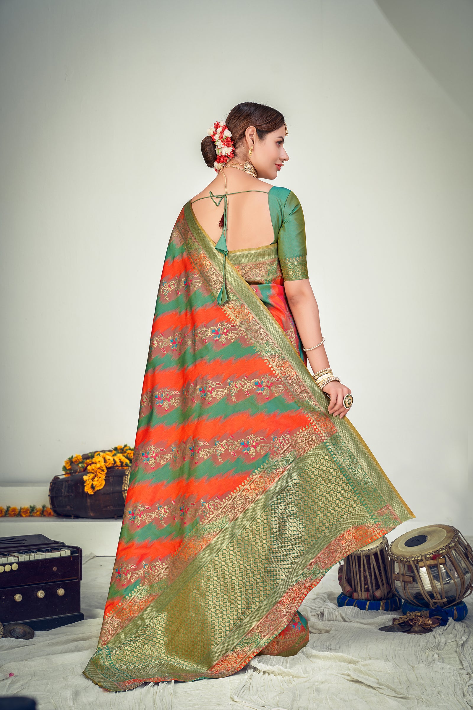 Prepossessing Orange And Green Zari Woven Banarasi Silk Wedding Saree ClothsVilla