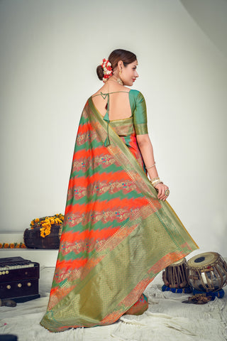 Prepossessing Orange And Green Zari Woven Banarasi Silk Wedding Saree ClothsVilla