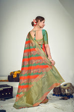 Load image into Gallery viewer, Prepossessing Orange And Green Zari Woven Banarasi Silk Wedding Saree ClothsVilla
