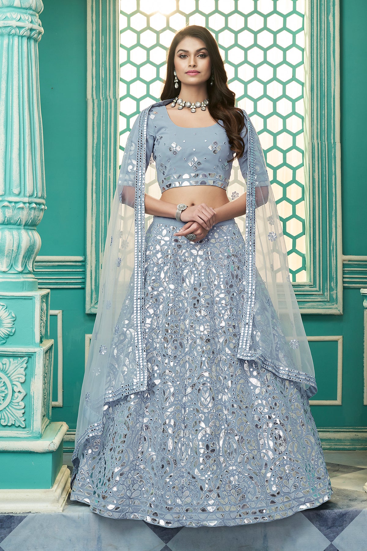 Pretty Sky Blue Gota Patti Embroidered Georgette Party Wear Lehenga Choli ClothsVilla Main image