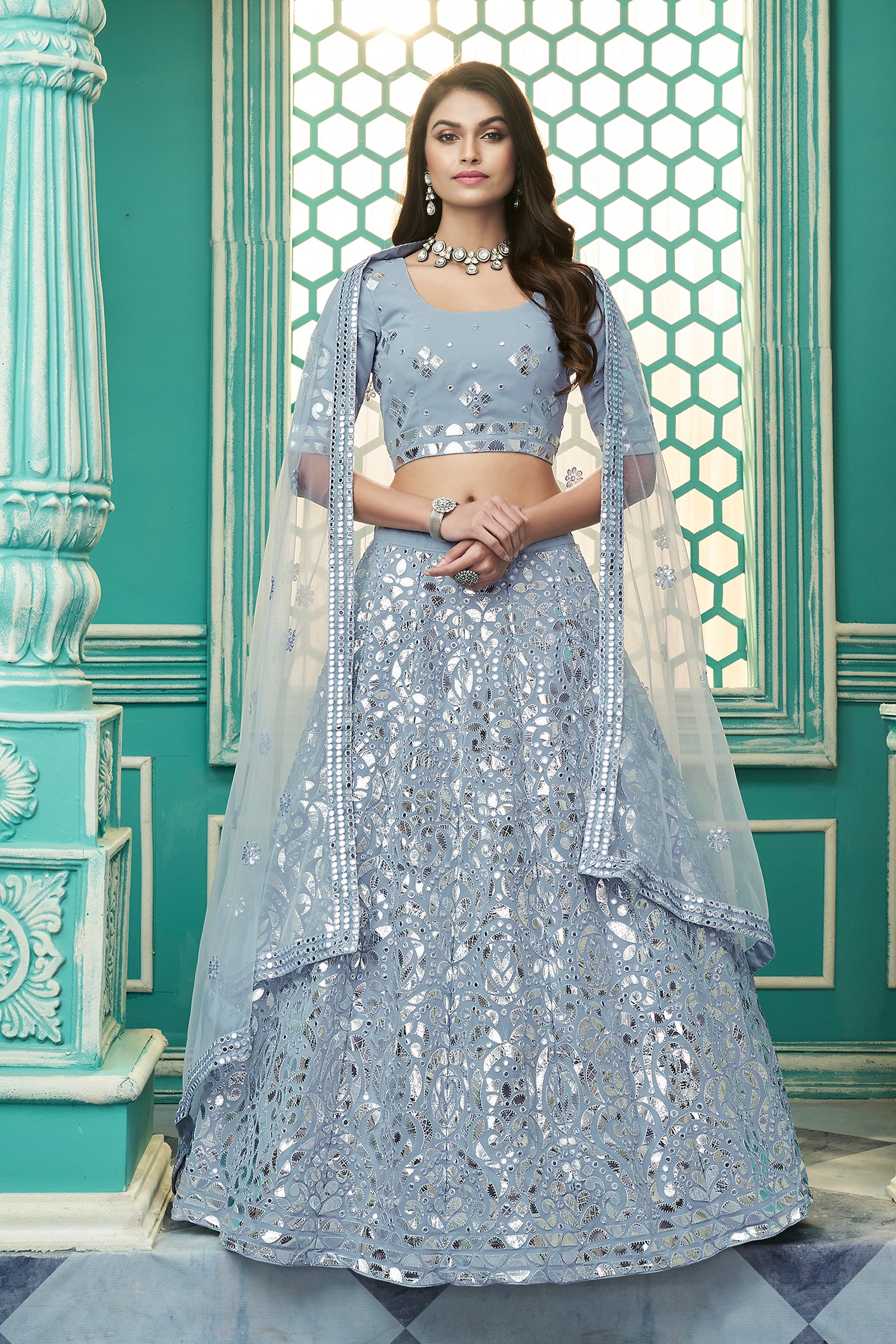Pretty Sky Blue Gota Patti Embroidered Georgette Party Wear Lehenga Choli ClothsVilla