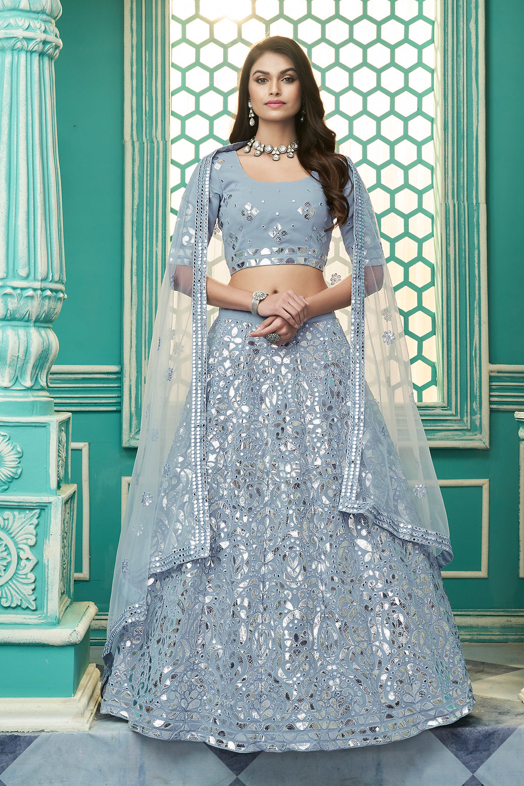 Pretty Sky Blue Gota Patti Embroidered Georgette Party Wear Lehenga Choli ClothsVilla