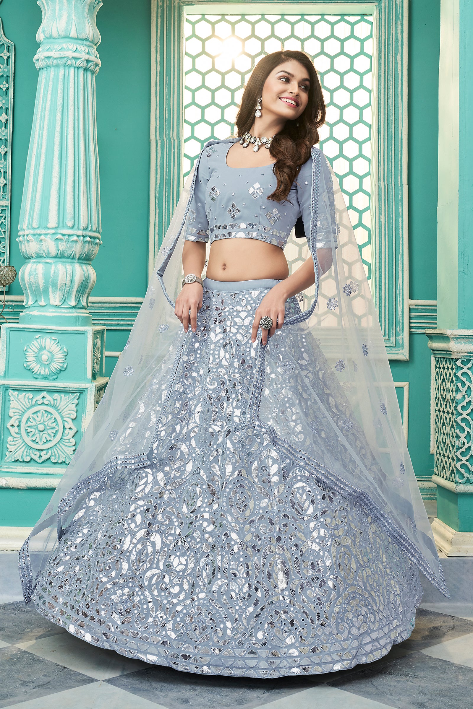 Pretty Sky Blue Gota Patti Embroidered Georgette Party Wear Lehenga Choli ClothsVilla