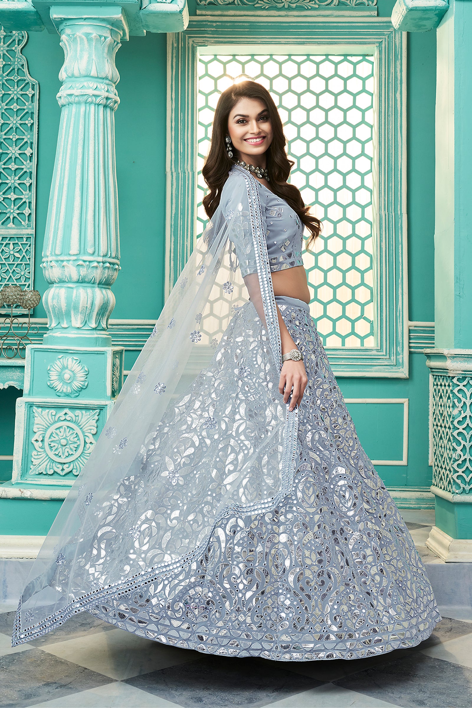 Pretty Sky Blue Gota Patti Embroidered Georgette Party Wear Lehenga Choli ClothsVilla
