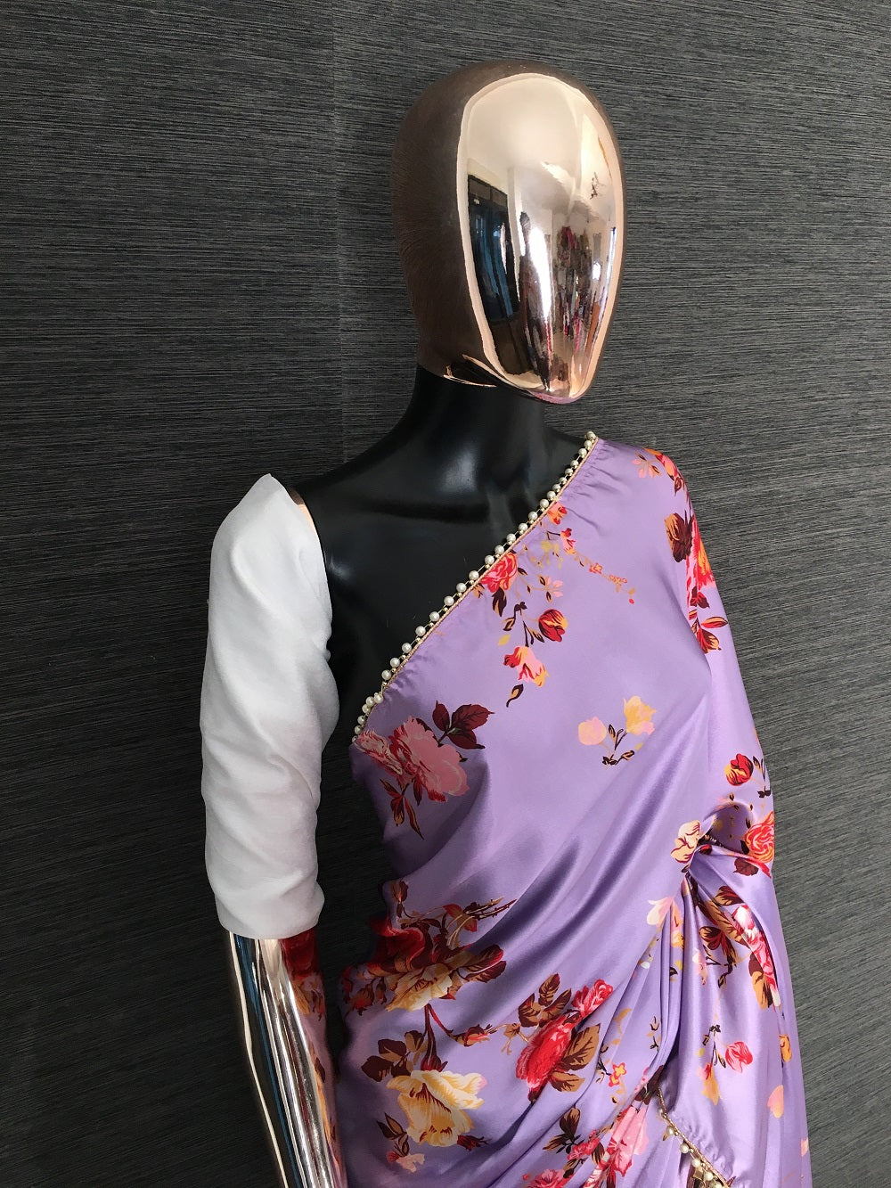 Lavender Color Floral Printed Heavy Japan Satin Saree With Pearl Lace Border Clothsvilla