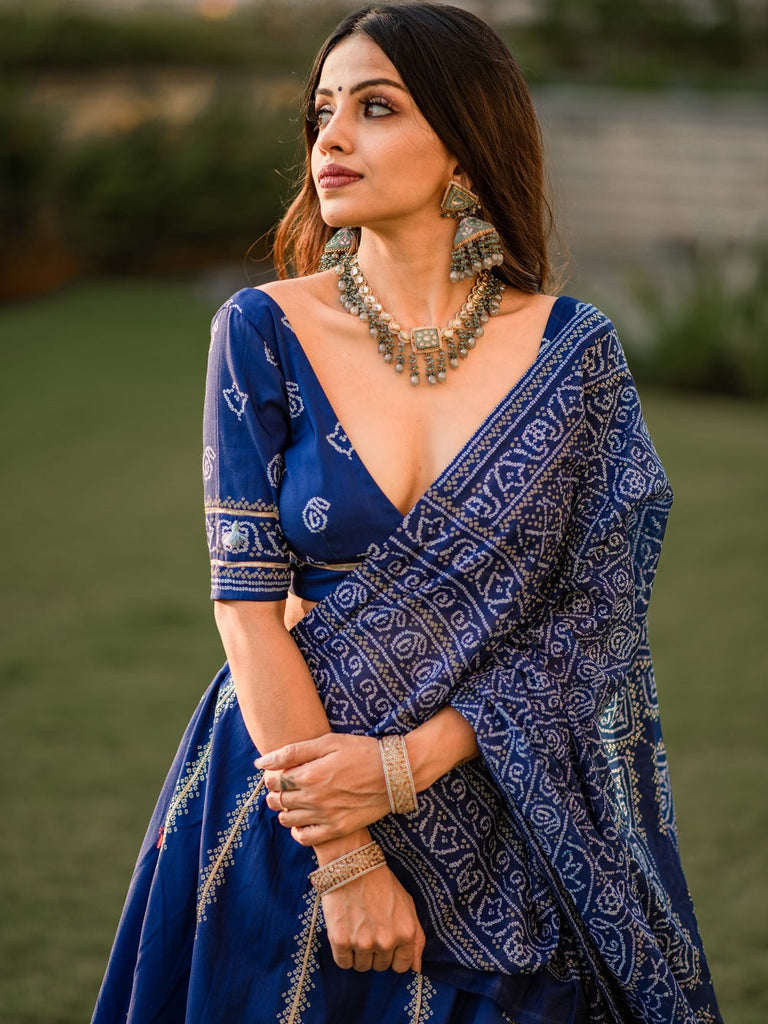 Navy Blue Color Bandhani Printed Vaishali Silk Lehenga With Blouse And Dupatta Clothsvilla
