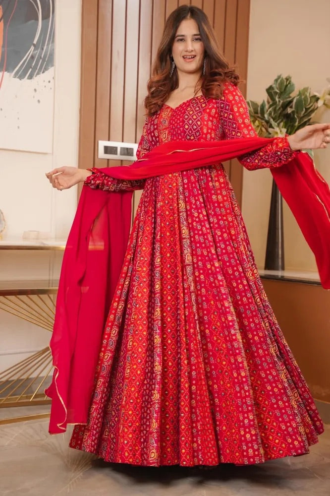 Printed Maslin Anarkali With Georgette Dupatta Clothsvilla