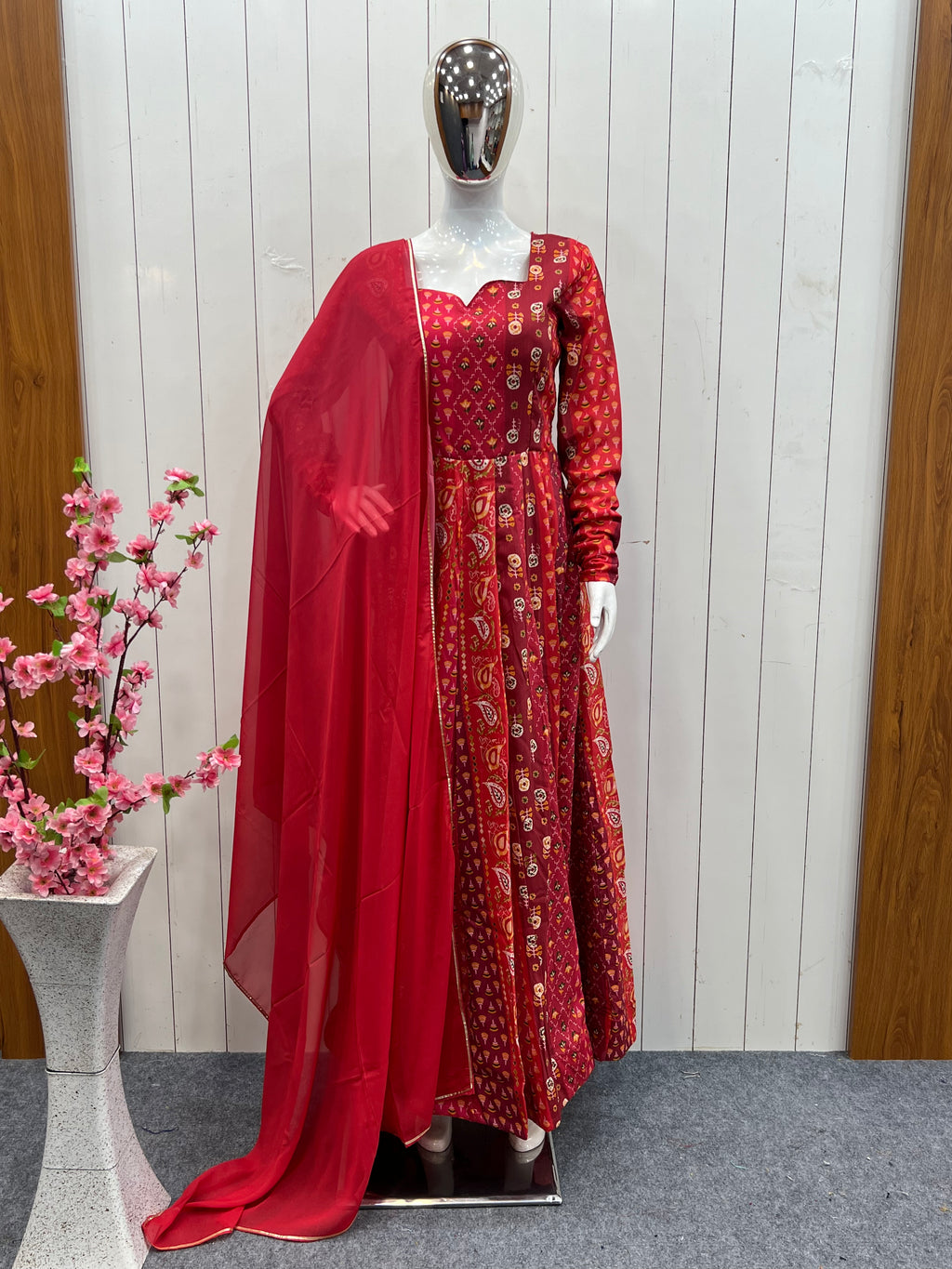 Printed Maslin Anarkali With Georgette Dupatta Clothsvilla