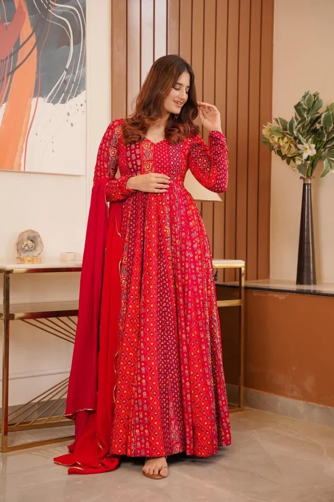 Printed Maslin Anarkali With Georgette Dupatta Clothsvilla