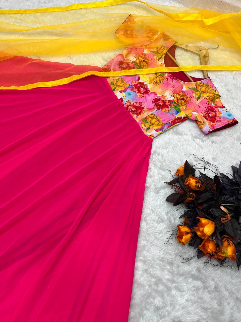 Printed Pink Color Gown With Yellow Dupatta Clothsvilla
