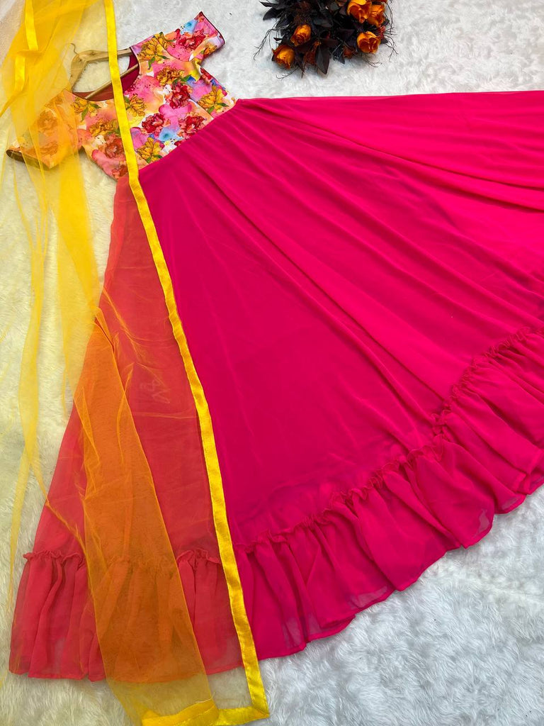 Printed Pink Color Gown With Yellow Dupatta Clothsvilla